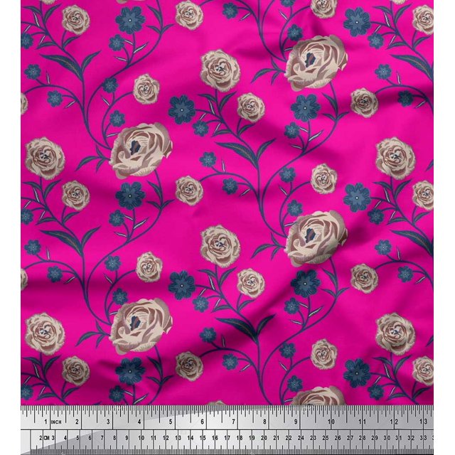 Soimoi Tissu en Rayonne Imprimé Feuilles & Roses Tissu de Couture Yard 42 Pouces de Large