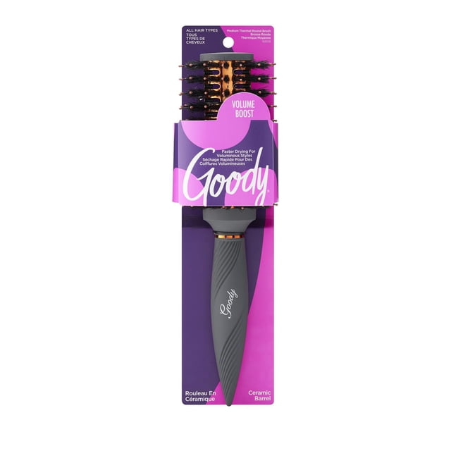 Goody Brosse Ronde Chauffante Heat Wave Moyenne avec Tige en Céramique et Poils Flexibles pour un Séchage Plus Rapide et un Rehaussement du volume, Conçue comme Outil de Coiffage Convenant à Tous les types de Cheveux, Présentée en Emballage Violet et Rose.