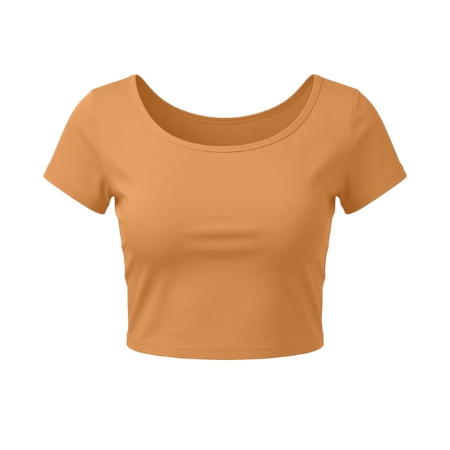 VSSSJ Crop Tops pour Femmes Manches Courtes Col Rond Extensible Chemise Décontractée Ajustée Solide Confortable Été Basique T-Shirts Courts Or Taille Unique