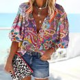 thumbnail image 1 of EQWLJWE Chemises à Manches Longues pour Femmes Liquidation Hauts Amples Col en V Manches 3/4 Motif Imprimé Rétro Cardigan à Boutons devant T-shirt, 1 of 6