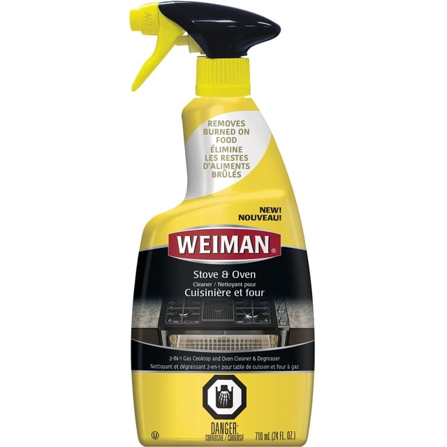 Weiman 2-1 Gas Cooktop Stove & Oven Cleaner and Degreaser 24 oz spray bottle with yellow and black trigger, heavy duty foaming cleaner that removes burned-on food and grease from oven interiors, cooktop surfaces, grill grates, and pots, featuring no-drip action and including a reusable microfiber towel.