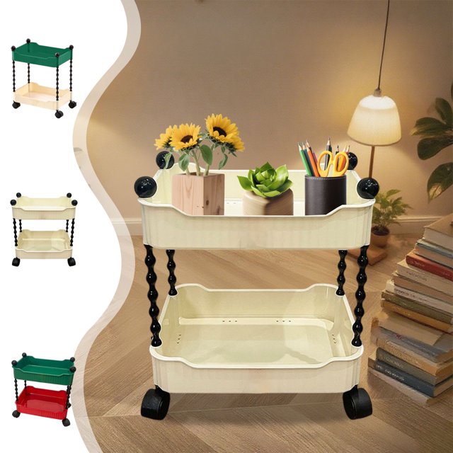 Bowayaoa 2 Tier Snack Cart on Wheels, Multifunctional Mobile Storage Rack with Lockable Casters for Living Room, Kitchen, Bathroom, Fruit and Baby Bookcase Organizer