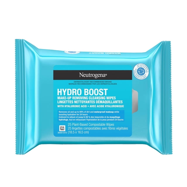 Neutrogena Hydro Boost Facial Cleansing & Makeup Remover Wipes in a light blue plastic package with a white resealable lid, containing 25 plant-based compostable wipes measuring 18.5 by 16.5 cm, formulated with hyaluronic acid to remove oil, dirt, and waterproof makeup while hydrating skin for 24 hours, suitable for sensitive skin.