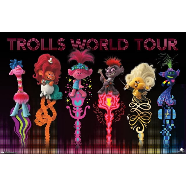 Trolls: World Tour - Group Wall Poster, 22.375" x 34", depicting six colorful Troll characters on distinct artistic pedestals with musical motifs against a black background and pink 'TROLLS WORLD TOUR' text above, printed on glossy paper to enhance vibrant colors, suitable for decorating kids' rooms or party spaces.
