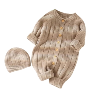 cfhntfmh Barboteuse pour Bébés Filles Garçons Automne Hiver en Tricot Épais à Manches Longues à Boutons Tenue Combinaison Chandail Manteau