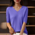 thumbnail image 2 of Womens Short Sleeve V Neck T Shirt 2025 Summer Ribbed Knit Slim Fit Basic Solid Color Tee Tops Fashion Clothes, 2 of 3