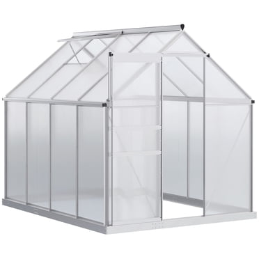 Outsunny 8' x 6' Aluminum Outdoor Greenhouse, Polycarbonate Walk-in Garden Greenhouse Kit with Adjustable Roof Vent, Rain Gutter and Sliding Door for Winter, Silver