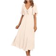 thumbnail image 2 of Jusqu'à 65 % de Rabais! Robes d'Été Mode pour Femmes 2024 Grande Taille Col en V Manches Courtes Unies Taille Robes, 2 of 9