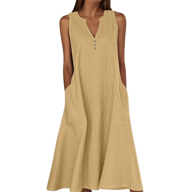 Ohufall Robe Femme en Coton et Lin à Col en V Sans Manches Décontractée Robe Débardeur Unie Confortable avec Poches Robe Midi d'Été Chic