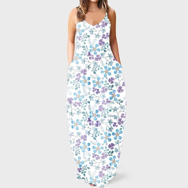 Lenago Robes d'Été Grande Taille pour Femmes Mode à Bretelles Taille Mi-Haute Col en V Sans Manches à Rayures Imprimées Coupe Ajustée Robe Longue de Plage Robes d'Été de Plage en Liquidation