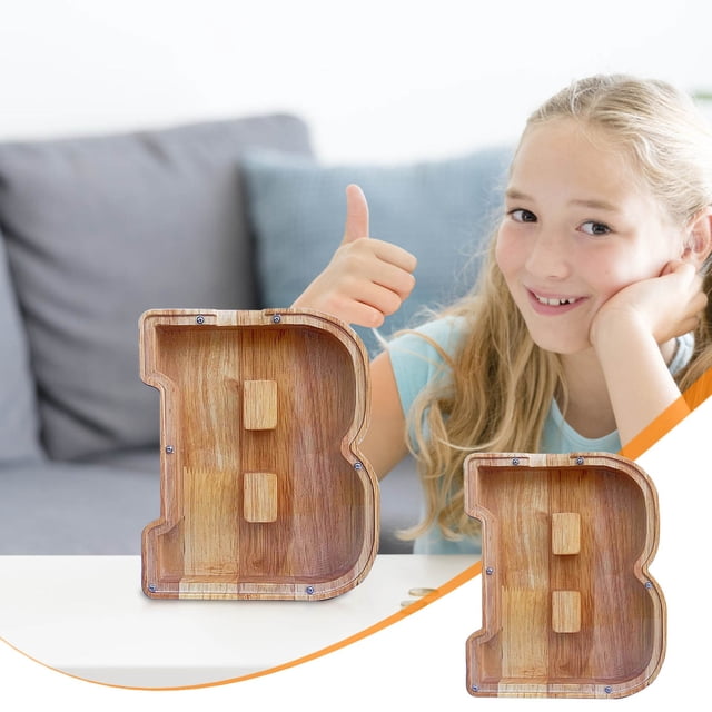 LSLJS Wooden English Letter Saving Can Transparent Glass Saving Can, Piggy Bank