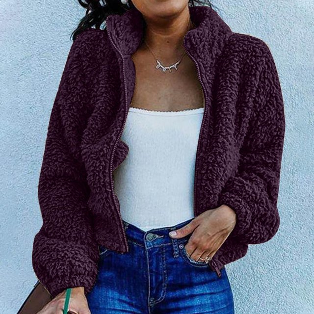 Veste Sherpa pour Femmes à Revers à Manches Longues Courte en Molleton Duveteux à Fermeture Éclair Vestes Manteau Hiver Chaud Uni Pelucheux Shaggy Vêtement d'Extérieur