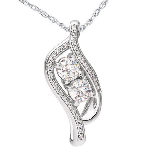Pendentif Diamant Us 1 1/2 ct Deux Pierres pour Toujours Or Blanc 14k 1 Pouces de Haut