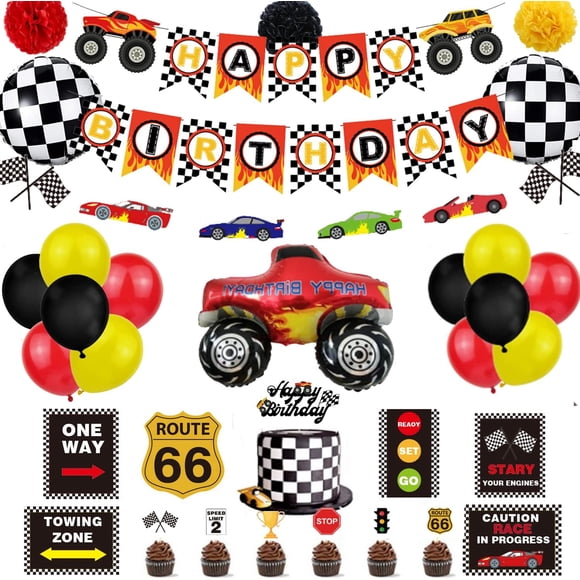 Race Car Birthday Party Decoration Set Race Car Party Signs Racing Birthday Banner Checkered Flags Balloons for Boys Let s go Racing Party Supplies with Banner Cake Topper Monster Truck Balloons