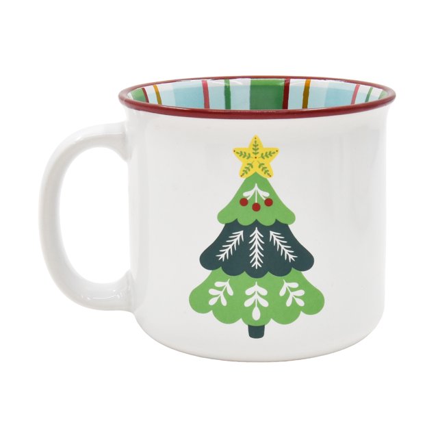 Holiday Time Stoneware Green Christmas Tree Red Rim Plaid Mug, 15 oz, white stoneware mug with a green Christmas tree featuring red berries and a yellow star, red rim, and plaid pattern inside the rim, dishwasher and microwave safe, suitable for festive hot drinks or as a seasonal gift.