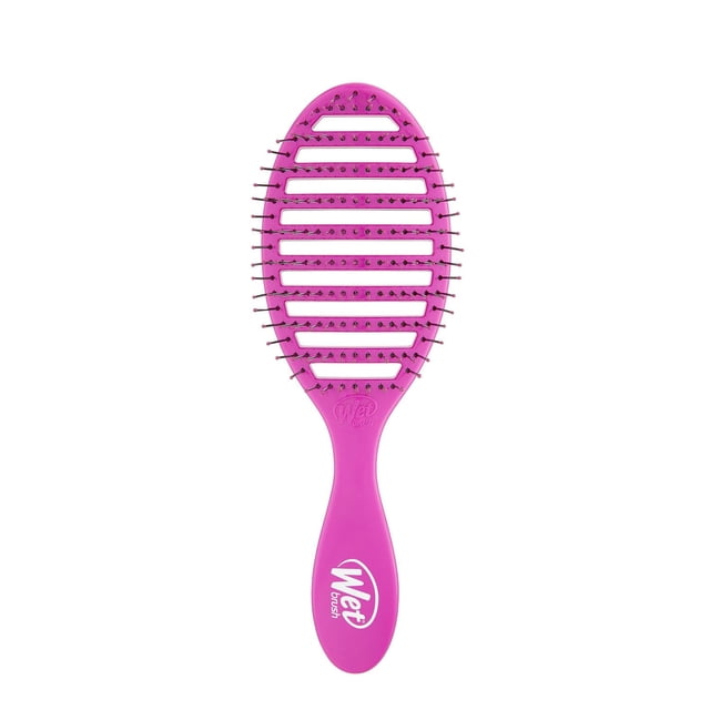 Wet Brush Speed Dry™ hairbrush in bright pink with an oval vented head and flexible IntelliFlex® bristles that resist heat, designed to detangle hair while blow drying and speed drying time, featuring an ergonomic handle for comfort and suitable for all hair types.