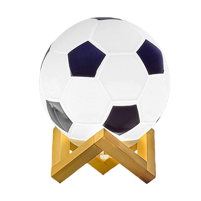 Milaget 3D Football Lamp Night Light Dimming Solid Wood Base Small Table Lamp Warm White Hollow Base