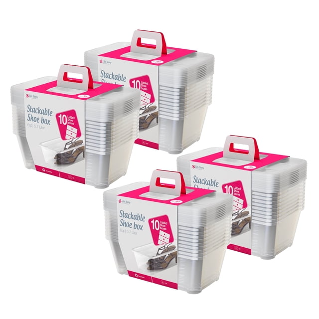 Life Story 6L Shoe and Closet Storage Box Stacking Containers, (40 Pack), including four sets of 10 clear plastic containers with secure lids. Each 6-liter container is stackable to optimize closet or bedroom storage space. The transparent design ensures quick identification of stored items, perfect for organizing shoes, accessories, and valuables while protecting them from dust and moisture.