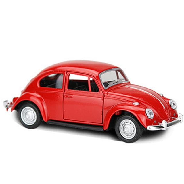 Children Toy Vintage Beetle Diecast Pull Back Car Model Toy featuring a red vintage Beetle design. Made from alloy and rubber, this mini-sized toy measures approximately 13cm x 5cm x 4.5cm. It includes pull-back functionality and is suitable as a desk decor or play vehicle.