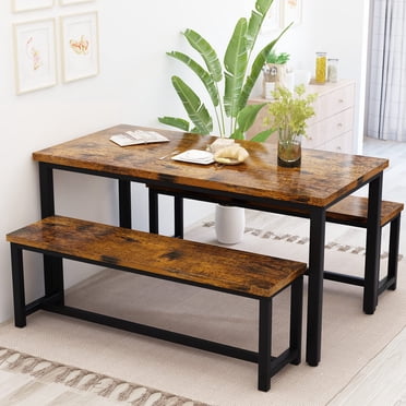 AWQM Ensemble de Table à Manger avec 2 Banquettes, Ensemble de Table de Cuisine pour 4, Ensemble de Table de Salle à Manger Style Ferme 3 Pcs, Ensemble de Table de Coin-Déjeuner Industriel pour Petit Espace, Brun Rustique