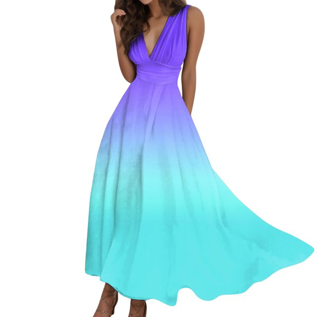 B91xZ Robe d'Invité de Mariage Décontractée Sans Manches Robe d'Été Col Rond Taille Haute Fluide Maxi Robes à Volants, Violet L