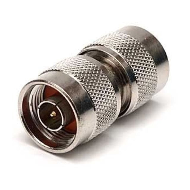 BY-N Male to N Male adapter, a silver metal coaxial connector with knurled grips on both ends, precision machined for low-loss RF signal transmission, compatible with Wi-Fi antennas and networking devices for home use.