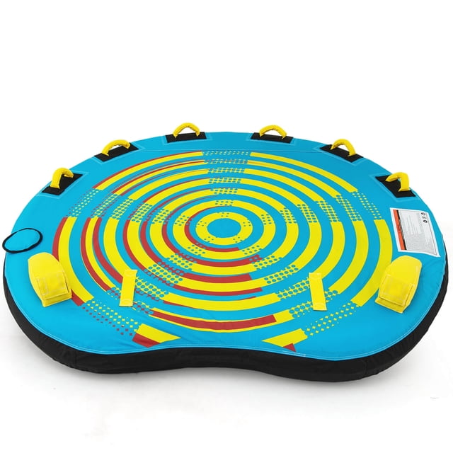 Costway Towable Tube for Boating 1-3 Person Inflatable Boat Tube with a vibrant blue, yellow, and red design. This durable towable water tube features foam-padded handles, bumper fins, and reinforced nylon covers for safety and comfort. Measuring 78 x 71 x 10 inches, it accommodates up to three riders with a maximum load capacity of 510 lbs. Includes Boston valves for quick inflation and deflation, and a secure tow point for easy attachment. Perfect for water sports and recreational activities.