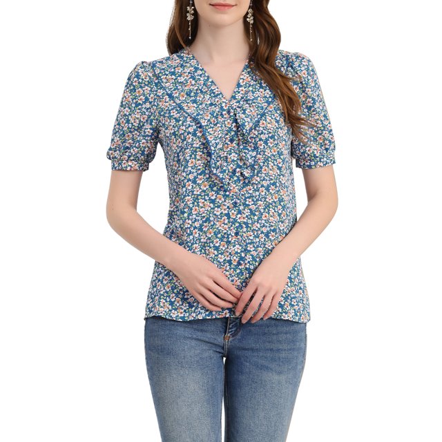 INSPIRE CHIC Women's Floral Print Rufle Button Up Puff Short Sleeves Blouse Top S Blue