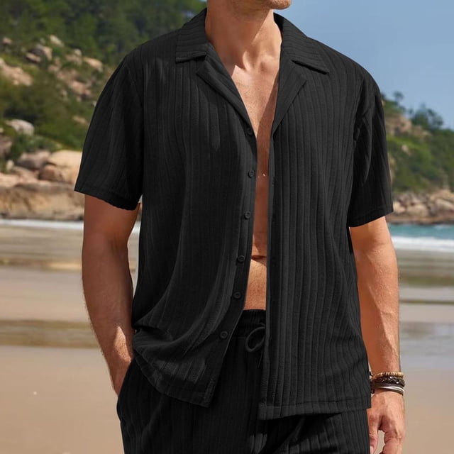 EOYWHK Mens Short Sleeve Shirt Lightweight Button Down Cardigan Solid Color Summer Hawaiian Shirt with Pockets
