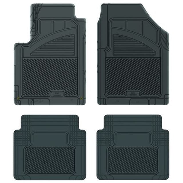 Koolatron Pants Saver Custom Fit 4 Piece Nissan (black) 2008+ Murano car floor mats set shown from top view, featuring two front and two rear black mats with high border ridges, non-slip precision grip zones with patented micro hooks, and central pans holding up to 500 mL of water for all-season protection.