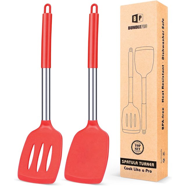 Bundlepro Pack of 2 Silicone Spatulas Turners, Non Stick Slotted and Solid Kitchen Utensils