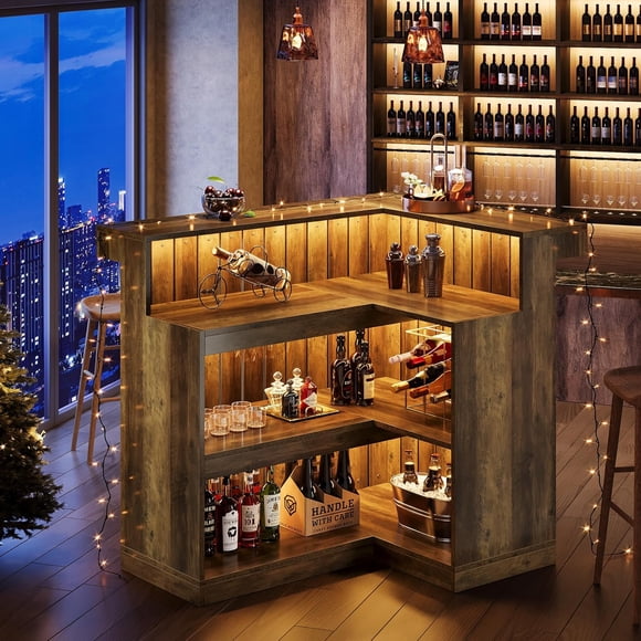 Tribesigns L-Shaped Home Bar Unit, 4-Tier Corner Liquor Bar Table with Storage Shelves and Wine Glass Holder, Industrial Wine Cabinet Reception Desk, Brown
