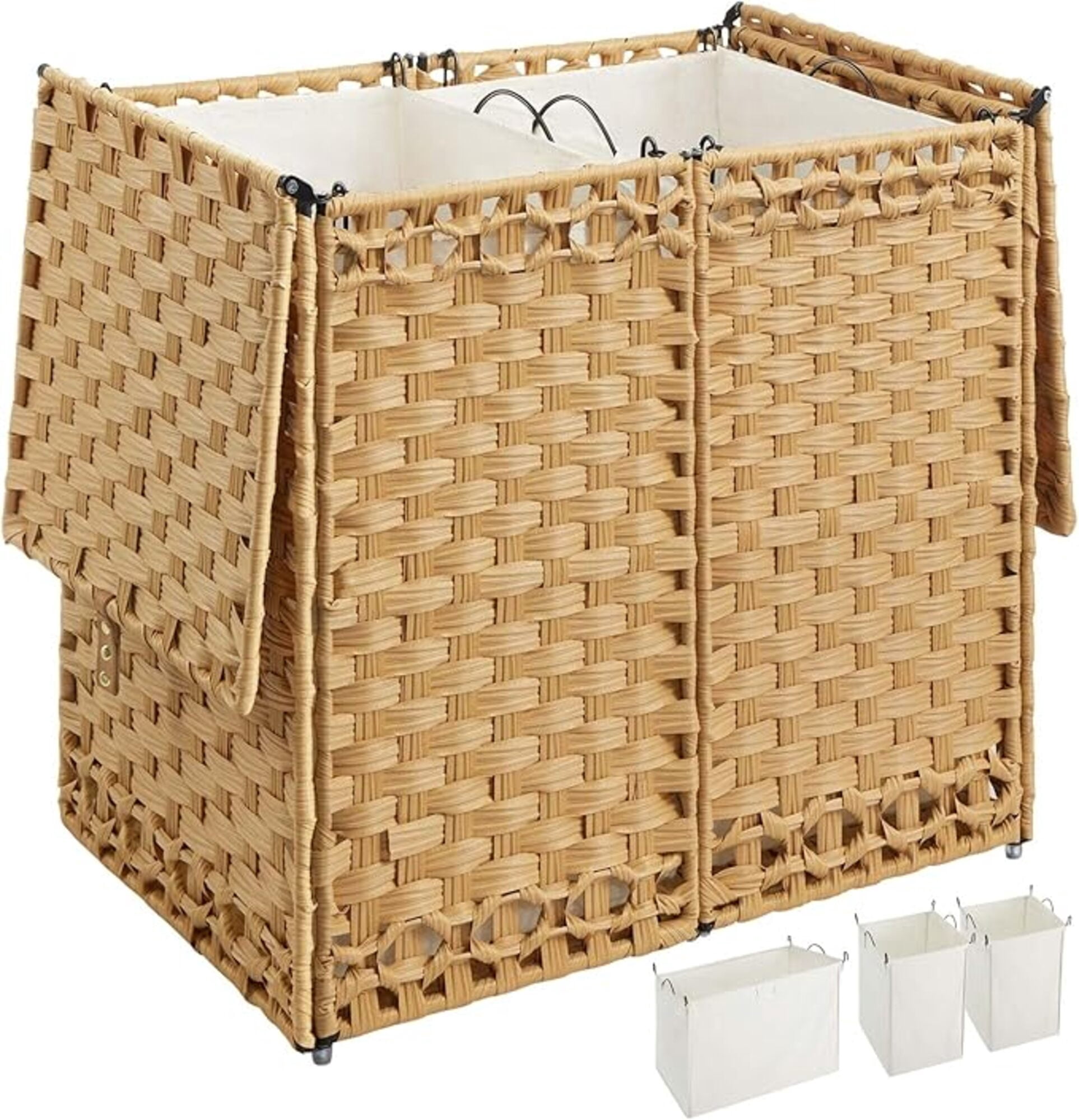 65L Woven Laundry Hamper with Lid - Foldable Rattan-Style Clothes Basket with 2 Removable Liner Bags & Bamboo Handles for Sorting Dark and Light Laundry