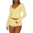 thumbnail image 1 of xiaxaixu Women's Summer Ribbed Loungewear Set, Solid Color Long Sleeve V-Neck Button Front Cropped Tops + Shorts 2 Pieces Sleepwear, 1 of 7