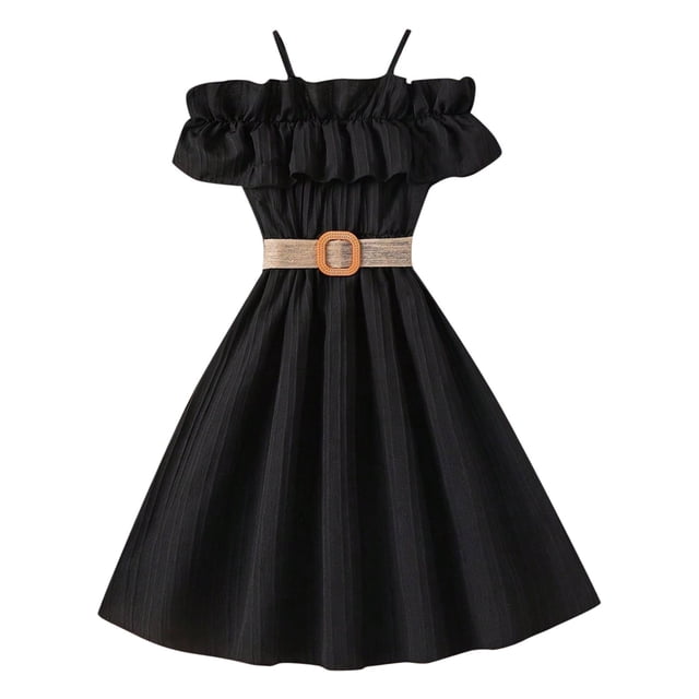 PMVFHDE Robe d'Été Sans Manches pour Filles, Robe Princesse Unie avec Volants, Col Bateau, Noir, 8-9 Ans