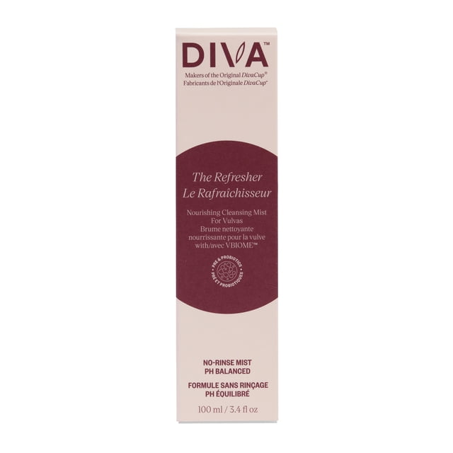 DIVA The Refresher nourishing cleansing mist for vulvas in a 100 ml (3.4 fl oz) beige and burgundy rectangular box with bilingual English and French text, featuring no-rinse, pH balanced formula and VBIOME prebiotic and probiotic blend for feminine care.