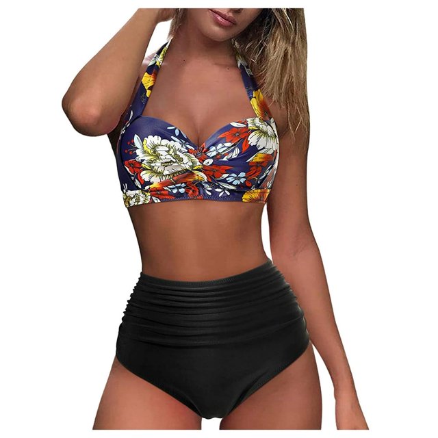 Womens Two Piece Swimsuits Women Vintage Swimsuit Two Piece Retro Halter Ruched High Waist Print Bikini Set