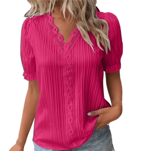 Lenpel Women's Summer Tops Plus Size Ruffle Short Sleeve V Neck Lace Trim Textured Shirts Dressy Casual Blouses
