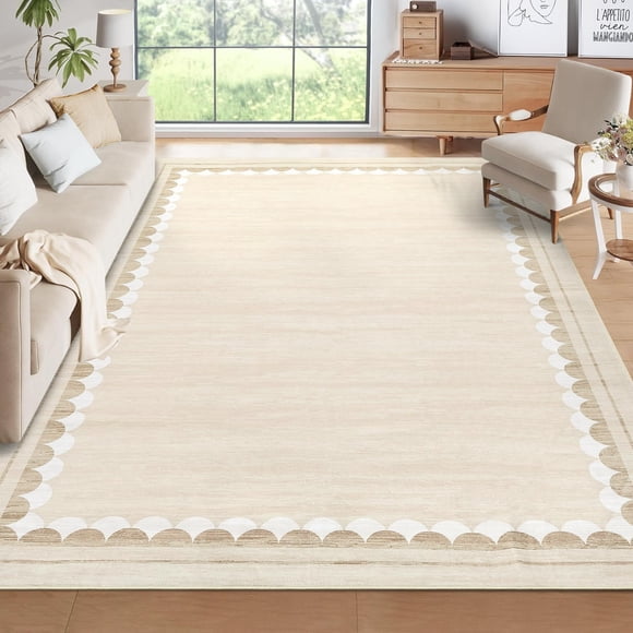 Washable Area Rug 8x10ft – Soft Non-Slip Low Pile Carpet with Modern Border Design, Neutral Beige – Stain-Resistant Rug for Living Room, Bedroom and Dining Room