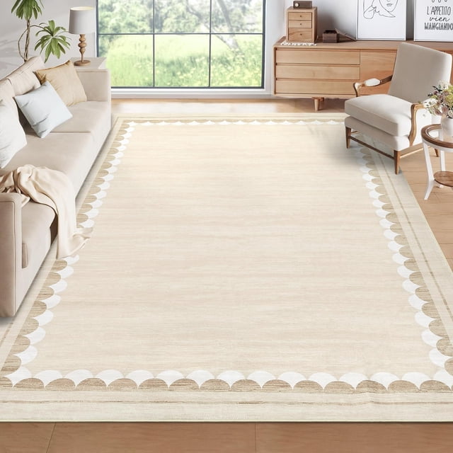 Washable Area Rug 8x10ft – Soft Non-Slip Low Pile Carpet with Modern Border Design, Neutral Beige – Stain-Resistant Rug for Living Room, Bedroom and Dining Room