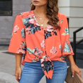 thumbnail image 4 of CHUANK Women‘s Button Down V Neck Tops Ruffled 3/4 Sleeve Tie Knot Front Blouses White Sizes S-2XL, 4 of 7