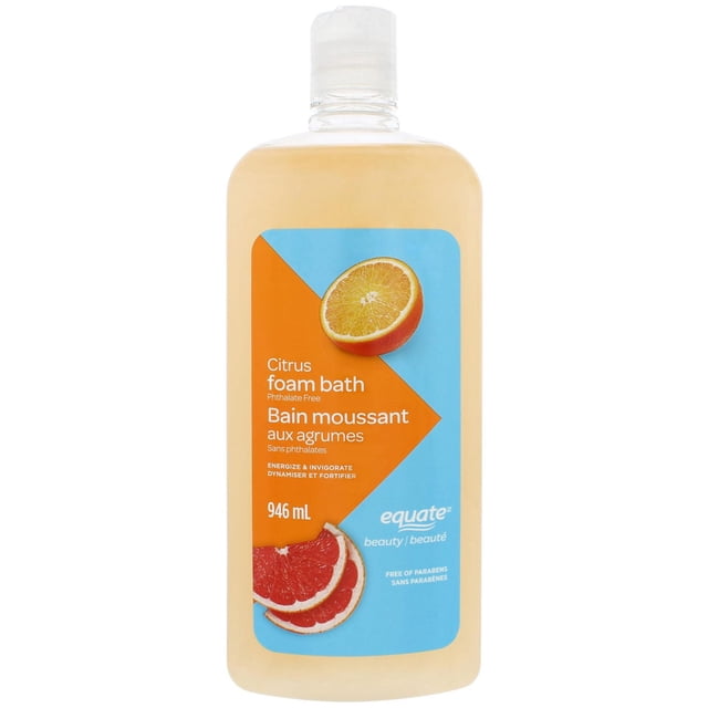 Equate Citrus Foam Bath upright bottle with visible label; citrus-scented foam bath for energizing, long-lasting bubbles. Phthalate-free and paraben-free formula; caution: avoid contact with eyes, for external use only. Suitable for playful sensory bubble baths during tub time.