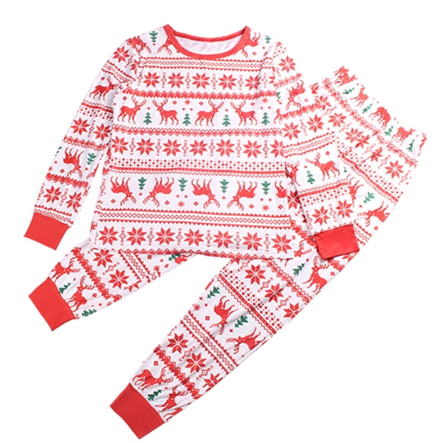 CEHVOM Parent-child Warm Christmas Set Printed Home Wear Pajamas Two-piece Kid Set featuring a festive red and white design with reindeer, snowflakes, and Christmas trees. The set includes a long-sleeve top with an o-neck collar and matching full-length pants, both with red cuffs. Made from a cotton blend and polyester for a soft and cozy feel, this set is perfect for holiday mornings, family photos, or lounging at home. Available in various sizes for children aged 2 to 9 years.