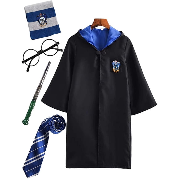 5pcs Children Adult Cosplay Costume Harry Potter Costume Outfit Set Magic Wand Tie Scarf Glasses Carnival Disguise Mardi Gras Halloween Black 135 Large Size Blue