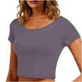 thumbnail image 2 of VSSSJ Hauts Courts pour Femmes Manches Courtes Col Rond Extensible Chandail Décontracté Ajusté Uni Confortable Été Basique T-Shirts Courts Gris Foncé Taille Unique, 2 of 5
