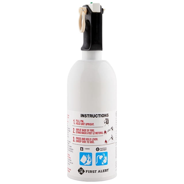BRK Electronics Extincteur KITCHEN5 Première Alerte, Homologué UL 5-B:C, Conçu pour la Sécurité Incendie dans les Cuisines. Comprend une Bouteille en Acier de 1,4 Livre avec une Finition Blanche, un agent d'Extinction au bicarbonate de sodium, un Manomètre à Goupille et un Support de Montage à Dégagement Rapide pour une installation Facile. Idéal pour la protection de la Maison, avec instructions Imprimées pour une Utilisation Sécuritaire.