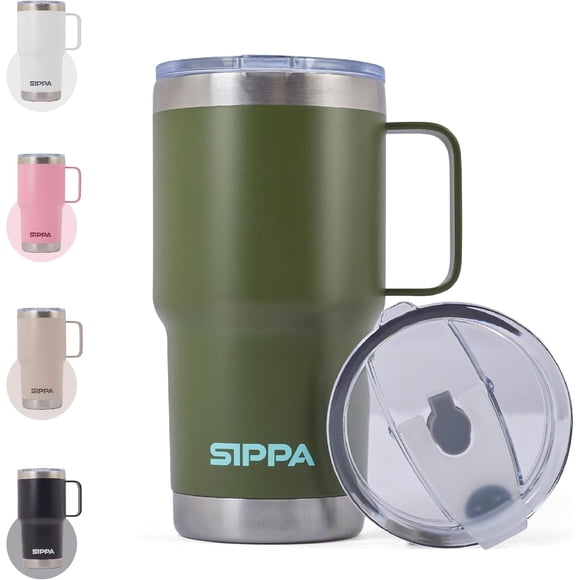 SIPPA 20 oz Stainless Steel Thermos Travel Mug for Adults – Insulated Double-Walled Leak-Proof Coffee Tumbler with Flip Lid, Olive Green