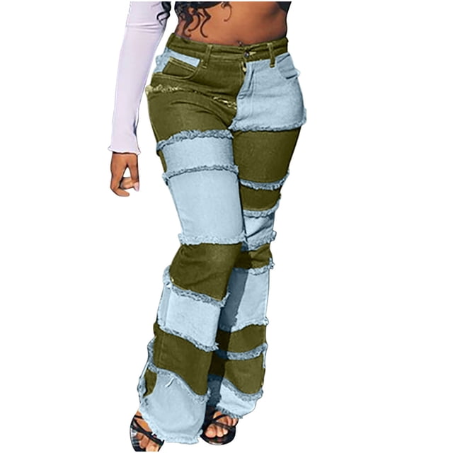Bigersell Skinny Jeans Jean Shorts Discount Womans Jeans Boot Cut Denim Pants Button Closure Medium Wash Ripped Plus Size Jeans Female Straight Mid Waist Long Pants Style J-168 Green XXL