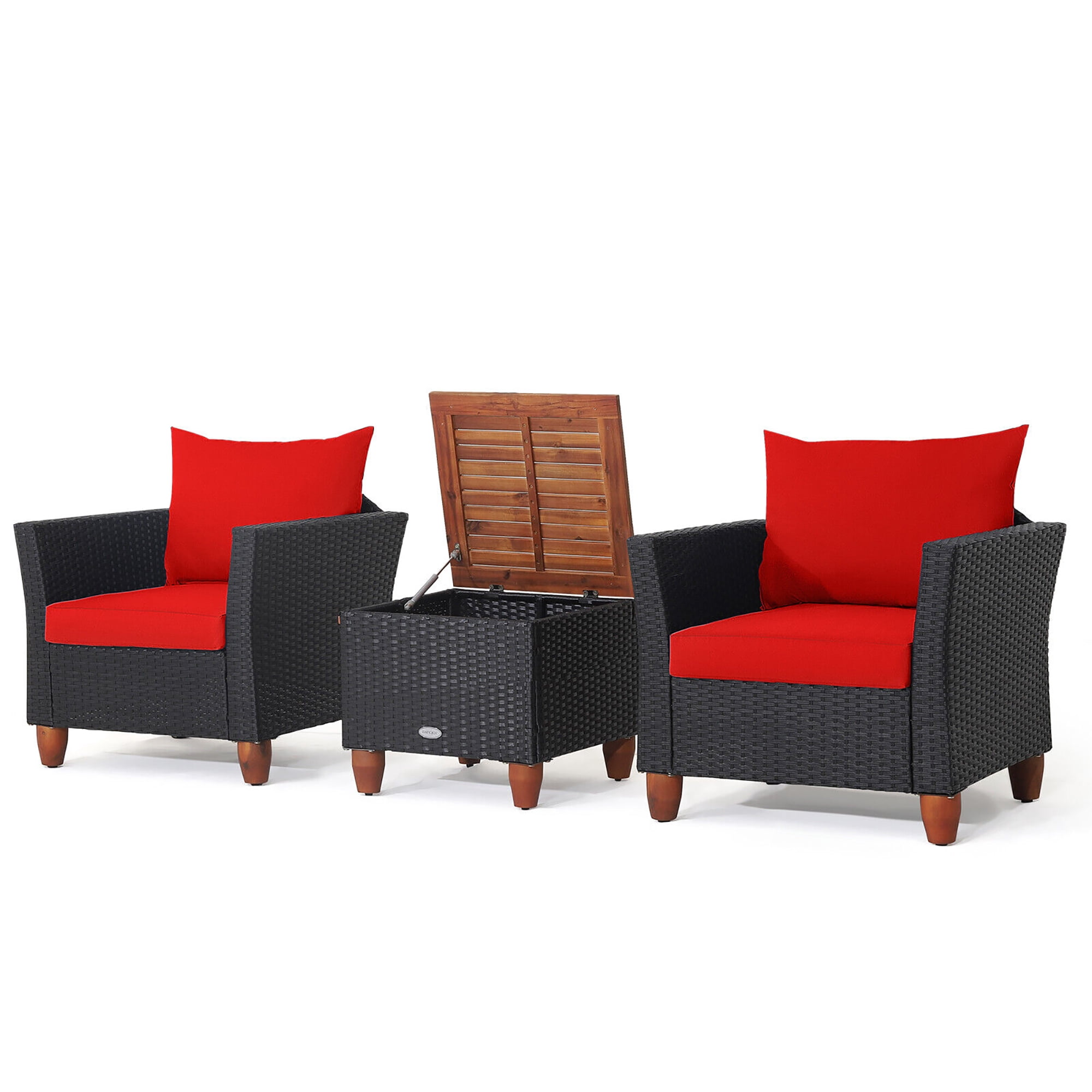 Gymax Ensemble de Conversation en Rotin pour Patio 3 Pcs Ensemble de Meubles d'Extérieur avec Coussins Rouges