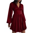 thumbnail image 1 of Birdeem Robe Aguichant pour Femmes Col en V Dos Fermeture Éclair Manches Trompette Plissée Satin Taille Haute, 1 of 6